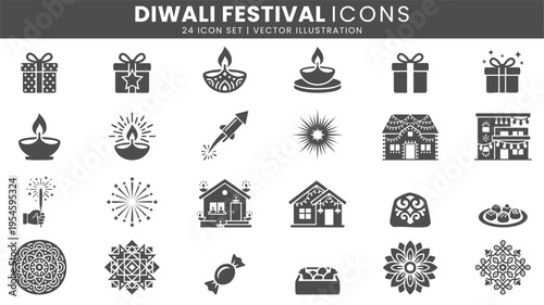 Diwali festival celebration icons vector set