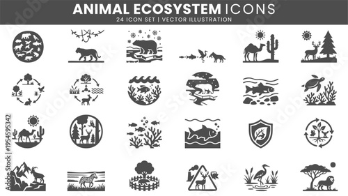 Animal ecosystem wildlife nature icons vector set