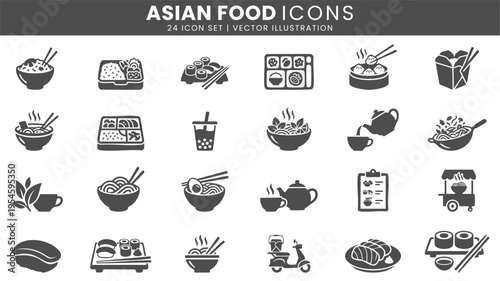Asian food cuisine menu icons vector set