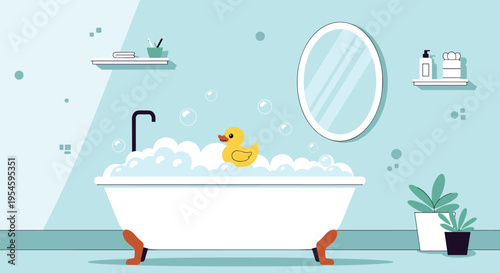 Clean and modern bathroom interior featuring a white bathtub filled with bubbles and a yellow rubber duck floating on top.