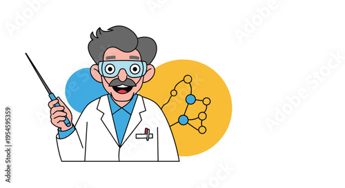 Enthusiastic scientist pointing at a complex molecular diagram during a presentation, explaining new chemical research findings.