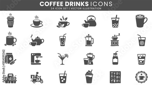 Coffee drinks cafe beverage icons vector set