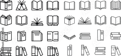 Minimalist outline book icons showing diverse perspectives of open pages and vertical library stacks