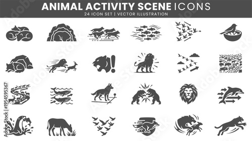Animal activity wildlife action scene icons vector set