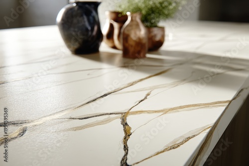 Elegant Countertop Surface With Gold Veins And Decorative Vases In Soft Light