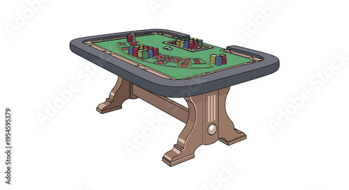 Professional green felt poker table in a casino setting with stacks of colorful gambling chips and a deck of cards ready for a game.