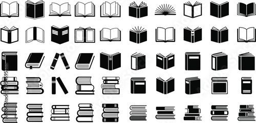 Set of black and white book icons showcasing various open, closed, and stacked book designs