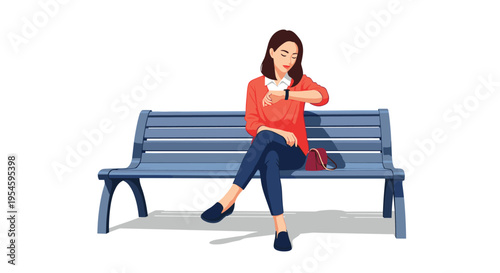 Stylish young woman sitting on a blue park bench and checking the time on her wristwatch while waiting for someone in the city.