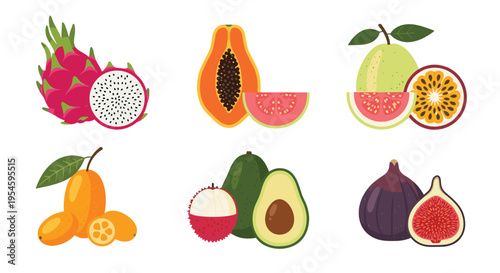 Colorful assortment of fresh tropical fruits including dragon fruit, papaya, guava, passion fruit, kumquat, avocado, and fig.