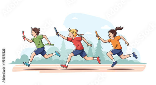Energetic group of diverse children participates in a relay race on an outdoor track while passing batons to teammates.