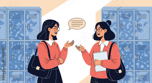 Happy female classmates wearing glasses and carrying bags talk to each other in front of lockers in a high school hallway.