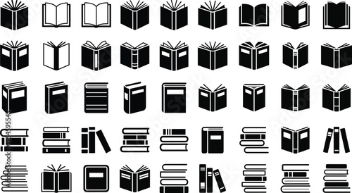 Educational book line and silhouette icons featuring open textbooks stacked literature and reading materials
