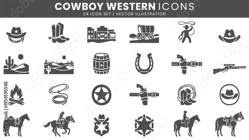 Cowboy western rodeo and ranch icons vector set