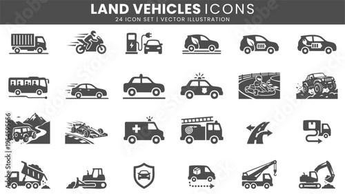 Land vehicles transport and road service icons vector set