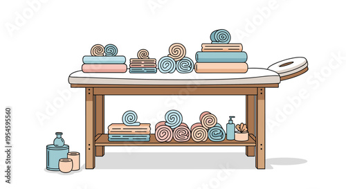 Professional massage table prepared with stacks of clean towels and spa therapy supplies in a peaceful wellness center.