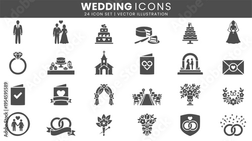 Wedding ceremony romance and celebration icons vector set