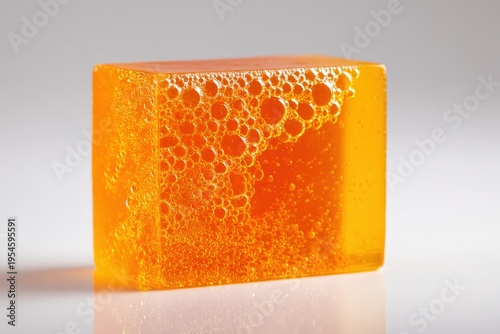 Close Up Of A Translucent Amber Orange Soap Bar With Bubbles On A White
