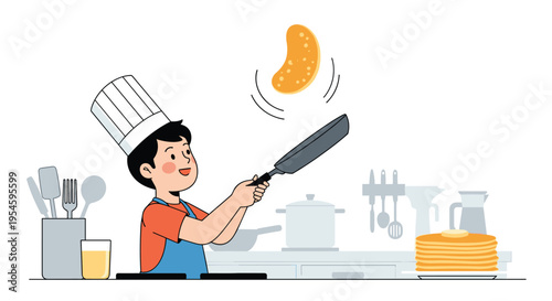 Enthusiastic young boy in a white chef hat successfully flips a golden pancake in a pan while cooking in the kitchen.