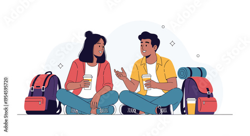 Young male and female travelers sit on the ground with their backpacks and share a coffee while chatting during a trip.