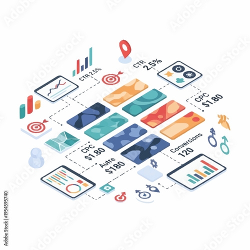 Isometric illustration of marketing data analysis, showing various metrics and statistics.