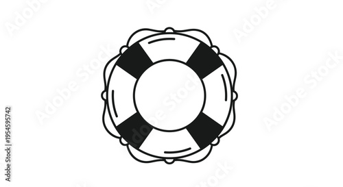 Minimalist line drawing illustration of a circular nautical lifebuoy with alternating black and white striped sections.