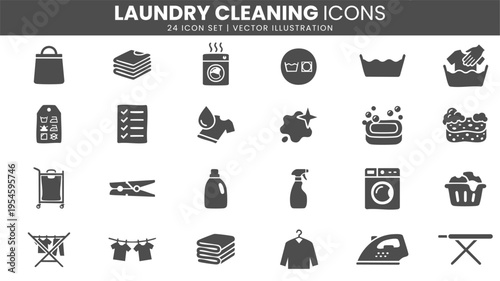 Laundry cleaning washing and fabric care icons vector set
