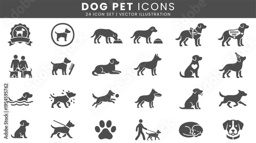 Dog pet care activity and service animal icons vector set