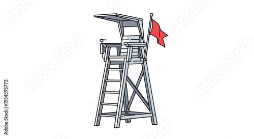 High wooden lifeguard chair standing on a beach with a red warning flag attached against a clean white background.