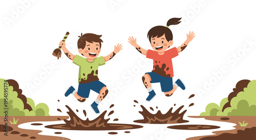Joyful children jump excitedly into a large mud puddle while getting their clothes dirty during outdoor playtime.