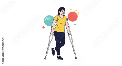 Determined young woman recovers from a leg injury by walking with crutches against a background of colorful circles.