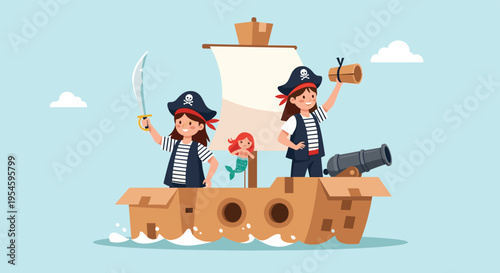 Creative young children dressed as pirates play on a boat made from cardboard boxes with a sword and a telescope.