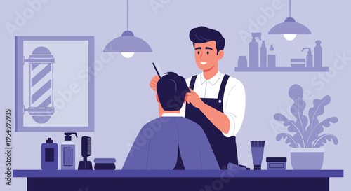 Professional barber in a black apron carefully cuts a male customer's hair in a modern and stylish barbershop.