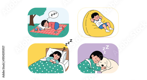 Set of four illustrations showing young children sleeping peacefully in different settings like a bed or a beanbag.