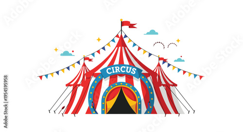 Traditional red and white striped circus tent stands tall with colorful flags and bunting under a bright blue sky.