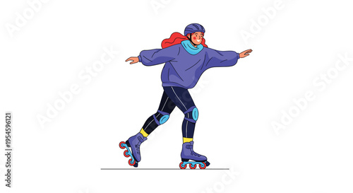Enthusiastic young girl in a helmet and safety pads enjoys rollerblading and gliding forward with her arms outstretched.