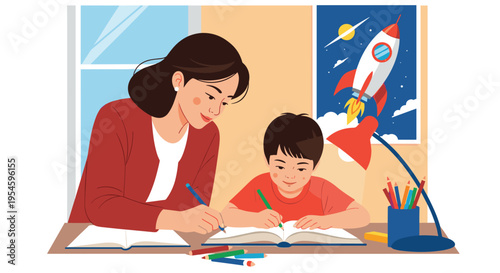 Caring mother sits beside her young son and helps him with his studies at a desk with books and pencils.