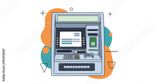 Detailed illustration of an automated teller machine or ATM stands against a background of colorful geometric shapes.
