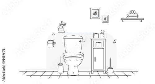 Simple black and white line art illustration depicts a clean modern bathroom with a toilet and storage cabinet.