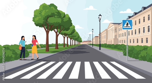 Wide pedestrian zebra crossing on a city street features trees and historic buildings with two women walking.
