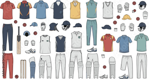 Professional cricket uniform set and sports equipment icons featuring jerseys, pants, batting pads, helmets, gloves, bats, balls, and athletic footwear