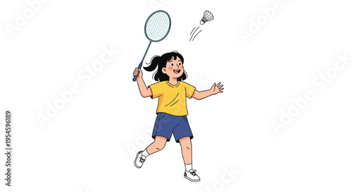 Active young girl in a yellow shirt and blue shorts jumps to hit a shuttlecock with her badminton racket.
