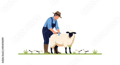 Skilled farmer wearing a hat and overalls shears a white sheep in a green field surrounded by birds.
