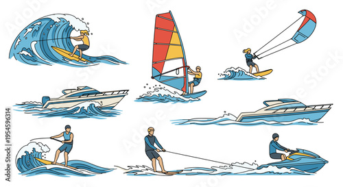 Diverse collection of water sports illustrations shows people surfing, windsurfing, kitesurfing, and riding jet skis.