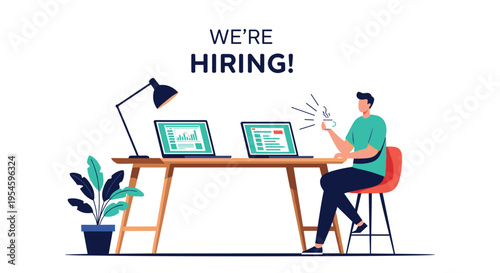 Professional workspace featuring a man working on a laptop next to an empty desk under a We Are Hiring sign.