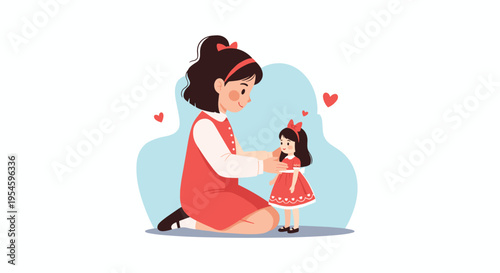 Little girl in a red dress kneels on the floor and plays gently with her favorite doll in a heart-filled scene.