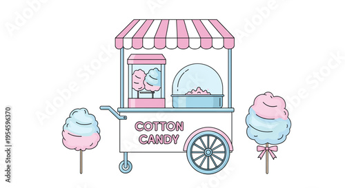 Charming vintage-style cotton candy cart decorated in pink and blue stripes with fluffy treats on sticks beside it.