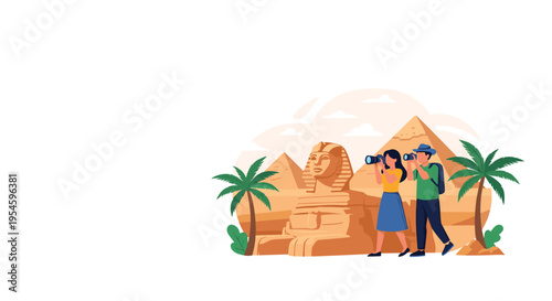 Couple of tourists with cameras explore the Great Sphinx and Pyramids of Giza under a warm Egyptian sun.