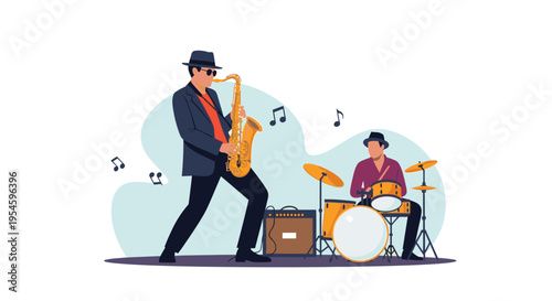 Jazz duo featuring a saxophone player and a drummer performs live music on a stage with floating musical notes.