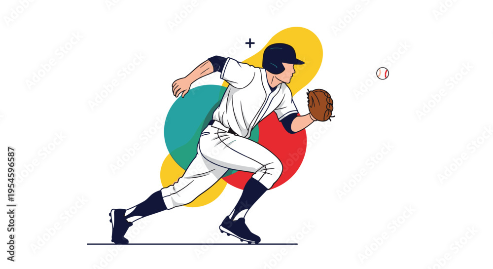 Obraz premium Dynamic baseball player in a white uniform and helmet runs across the field to catch a flying ball with his glove.