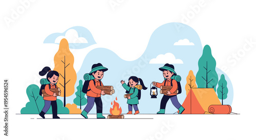 Group of four children works together to gather firewood and set up a campsite by a small burning fire.